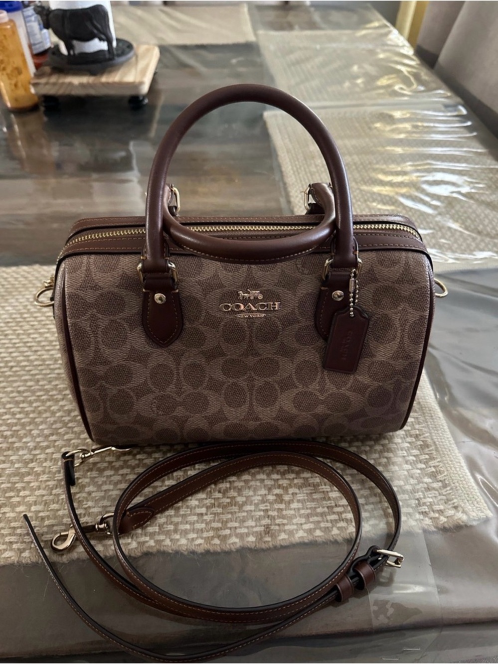 Coach Brown Signature Barrel Satchel with Leather Trim